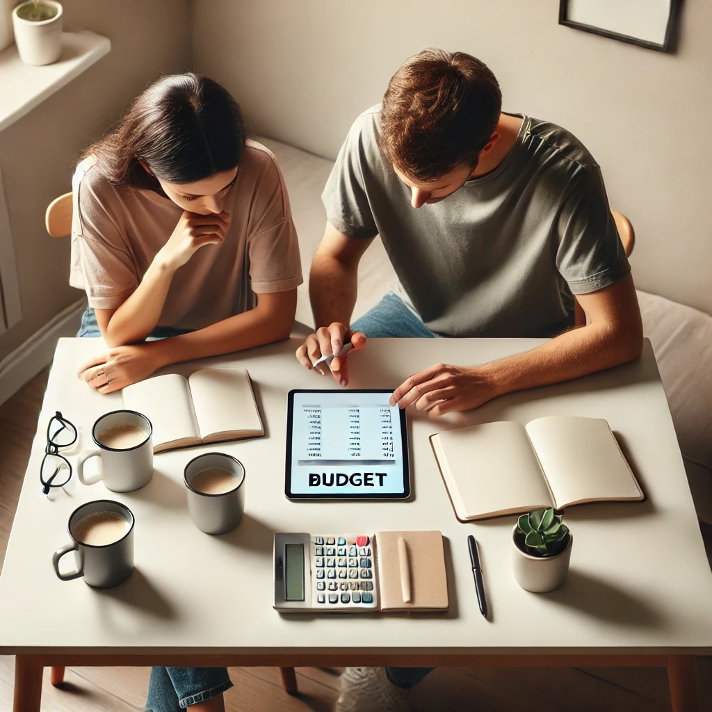 Couple reviewing budget on a tablet at a simple, uncluttered table, symbolizing frugality.