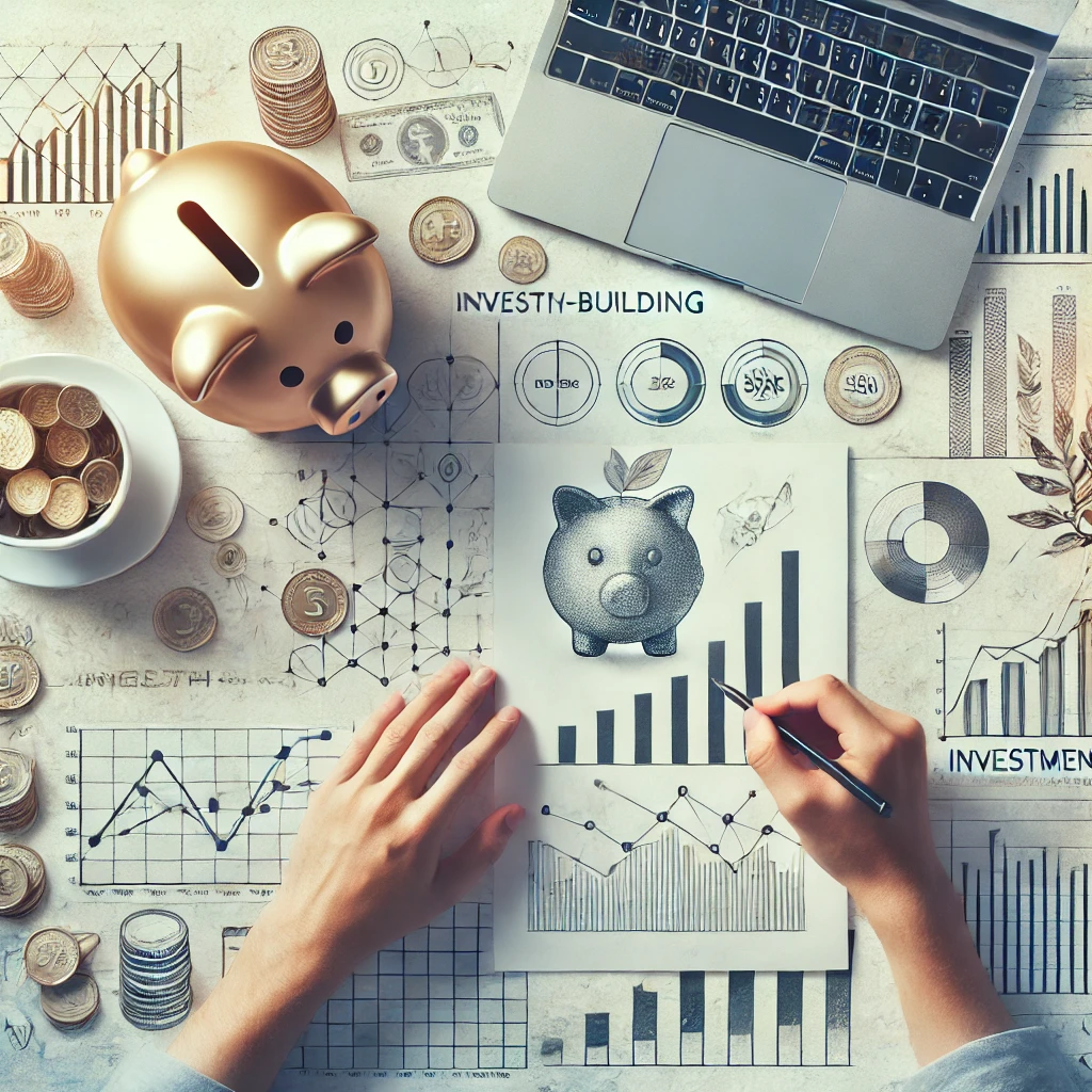 Person reviewing financial documents with charts and a piggy bank on a modern desk.