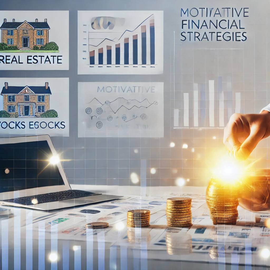 Person building a wealth portfolio with real estate, stocks, and investment visuals nearby.