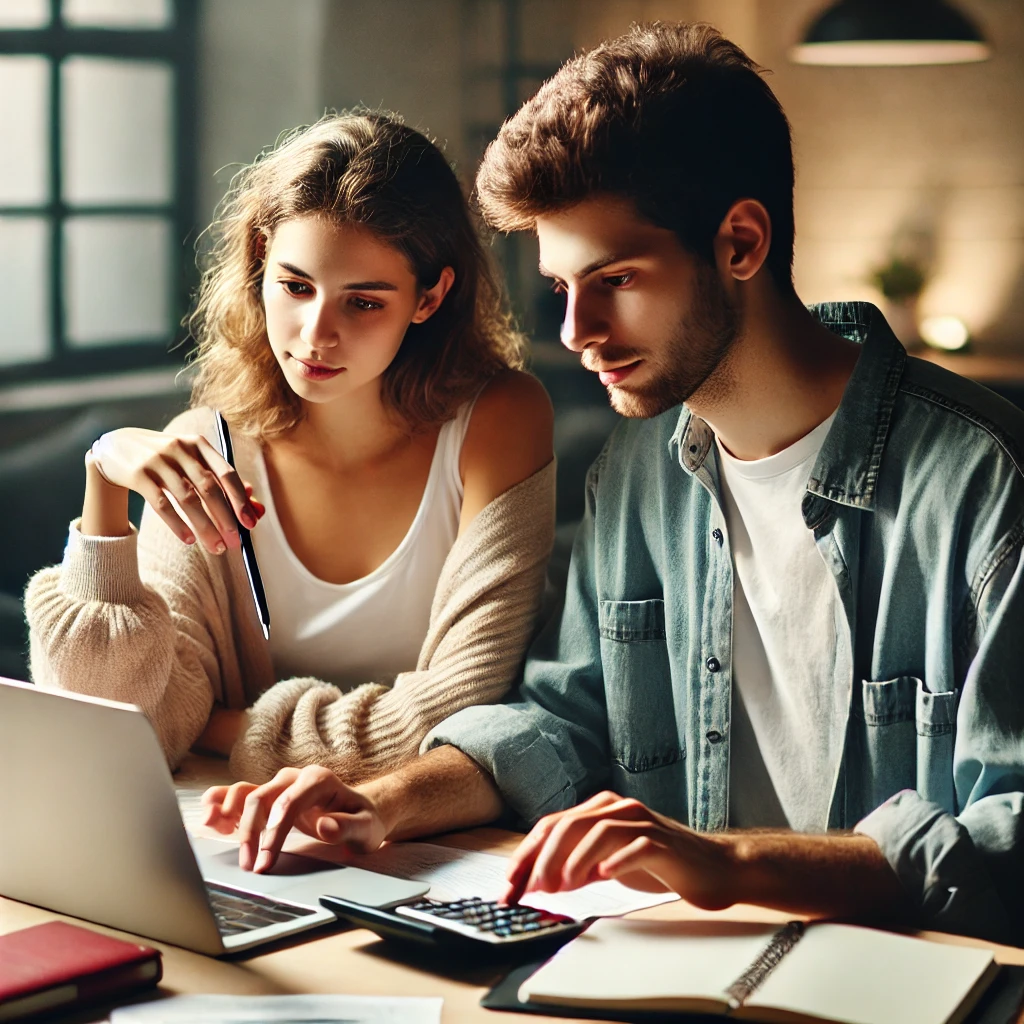 A young couple budgeting their finances with a laptop, notebook, and calculator at a table in a modern, well-lit room.