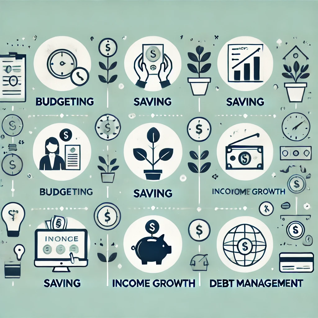 Infographic displaying practical financial wellness tips, including budgeting, saving, income growth, and debt management with icons for each category.