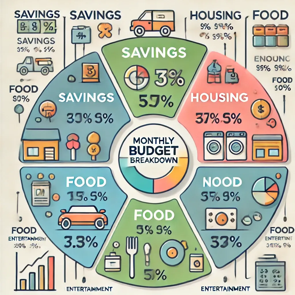 Infographic of a monthly budget breakdown with categories like savings, housing, food, and entertainment, color-coded and labeled for easy understanding.