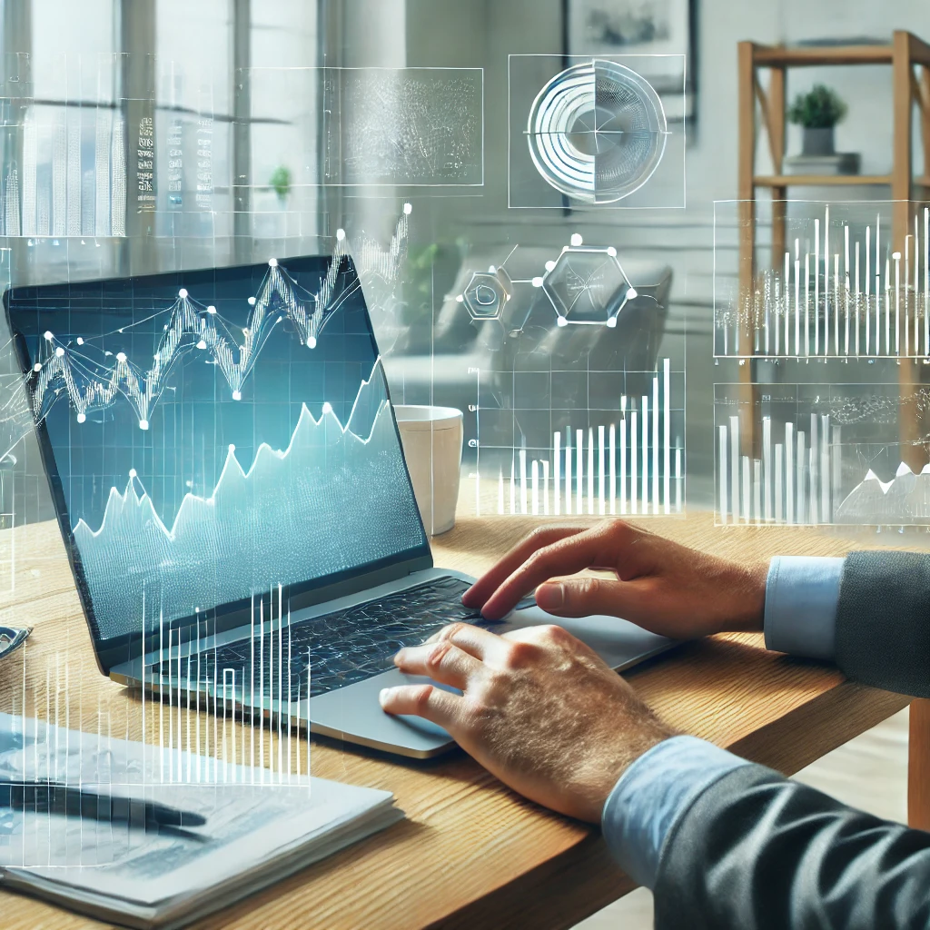 A person analyzing stock charts on a laptop in a modern home office. 