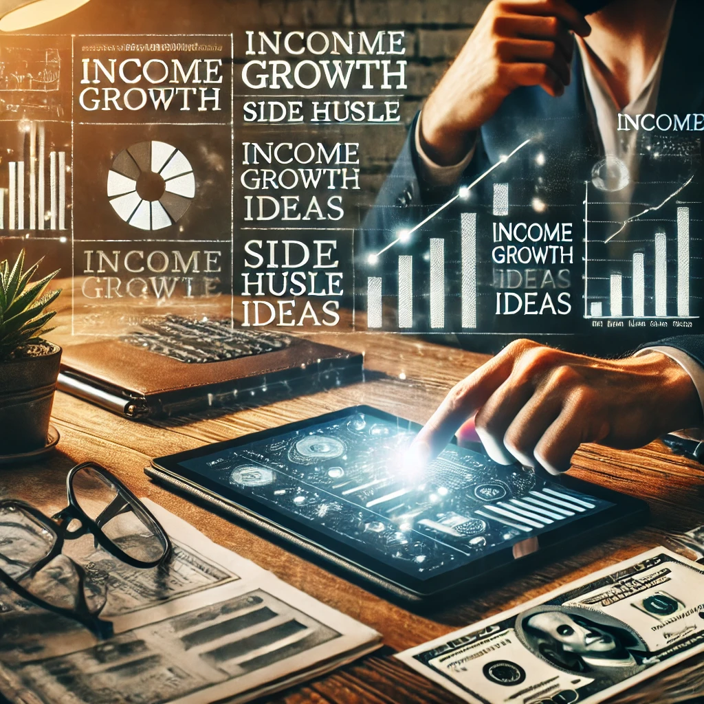 Person using a tablet with income growth charts and career planning documents on a desk.