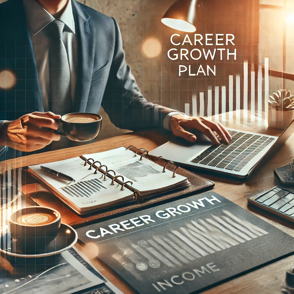 A professional reviewing a career growth plan at a desk with a laptop, financial graphs, and a planner in a modern, illuminated office setting.