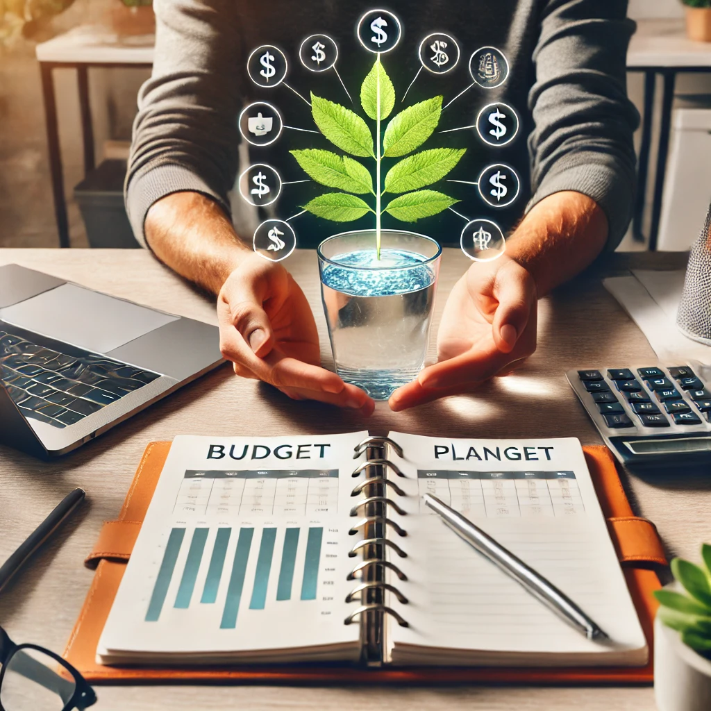 A person at a desk with a laptop, planner, and water, symbolizing balanced financial and healthy living.