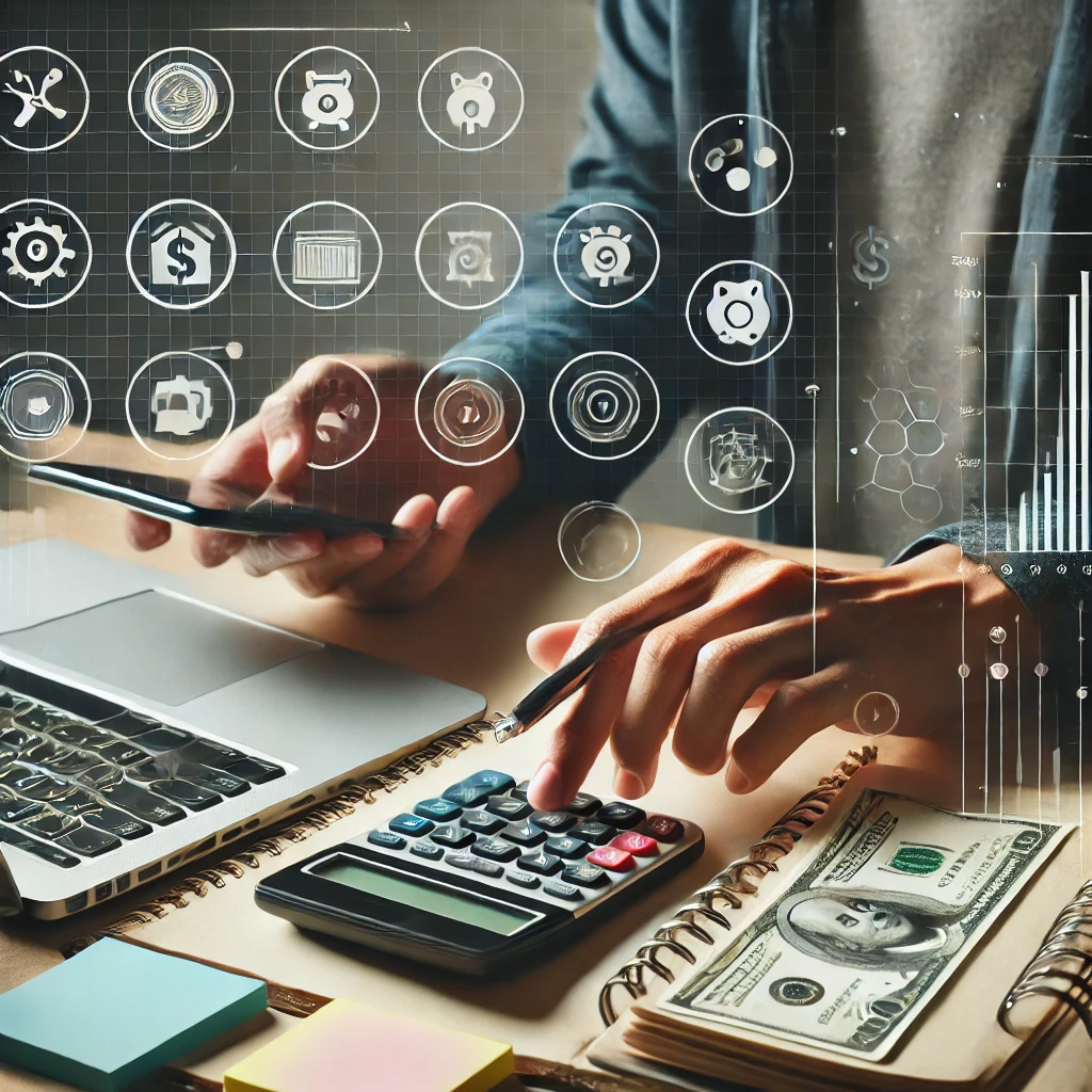 Person managing finances on a laptop, surrounded by a budget planner, calculator, notebook, and financial app icons, representing modern money management tools.