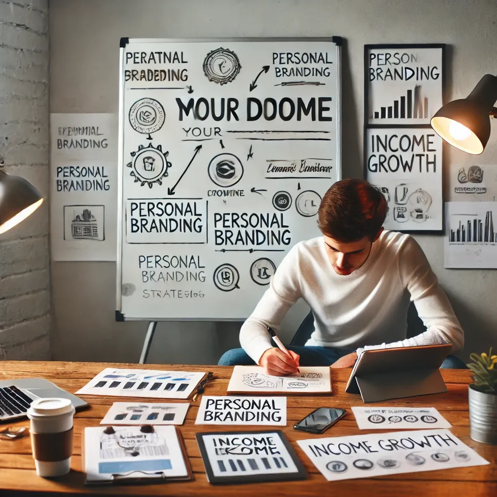 Young professional brainstorming with a whiteboard, tablet, and coffee cup, focusing on personal branding