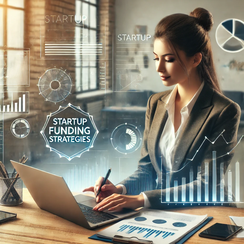 A professional businesswoman analyzing financial documents at her desk, representing startup funding strategies.