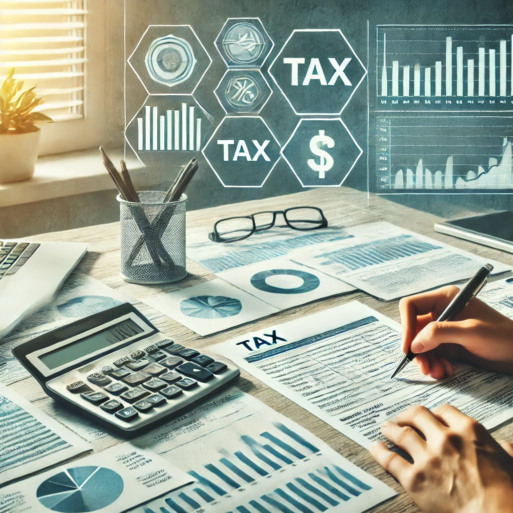 Person working on tax documents with a calculator, charts, and tax forms, symbolizing organized tax management.