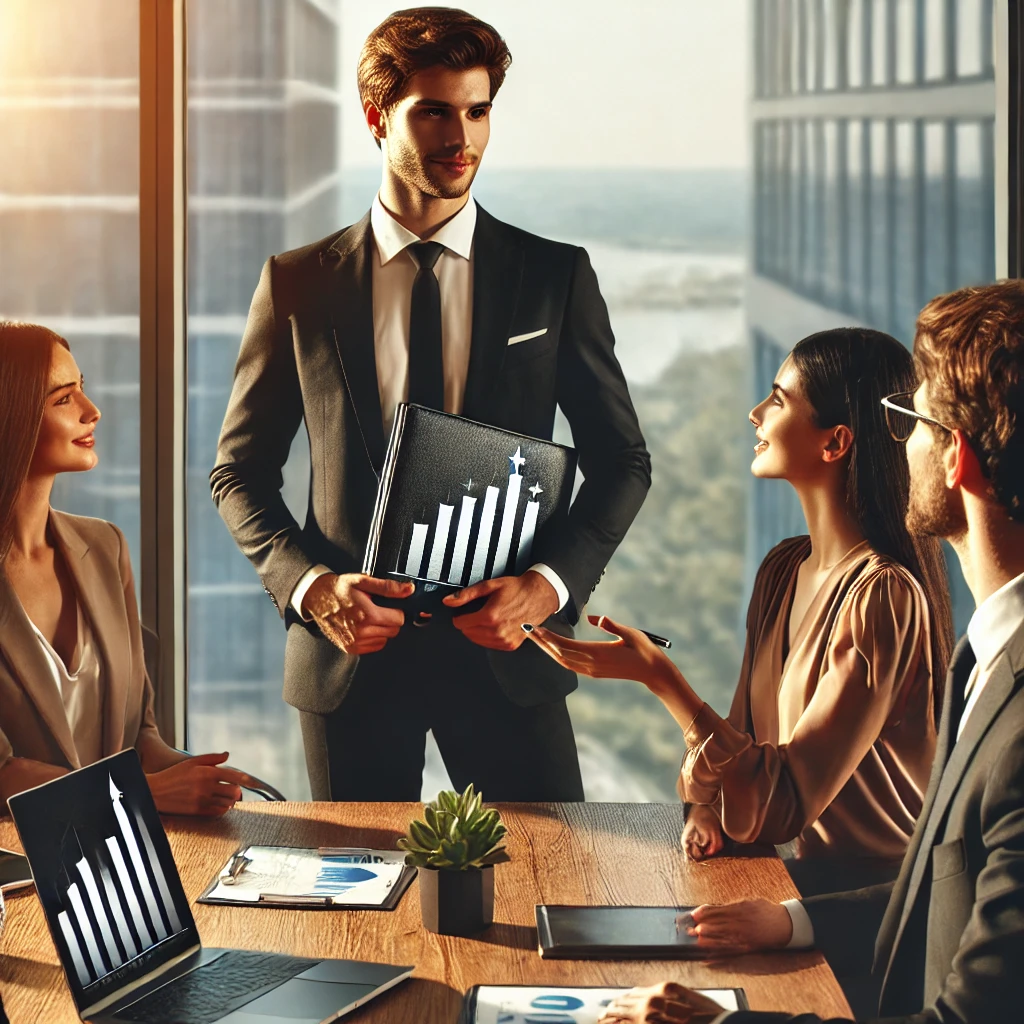 Professional woman networking in an office with a portfolio and cityscape view, symbolizing career growth.