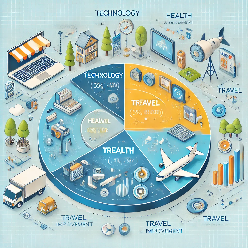 Pie chart showing spending trends in technology, health, travel, and home improvement.