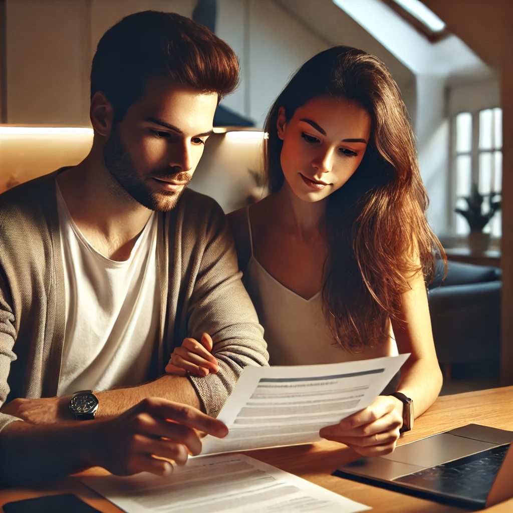 A young couple sitting at a table, reviewing insurance documents in a modern home interior