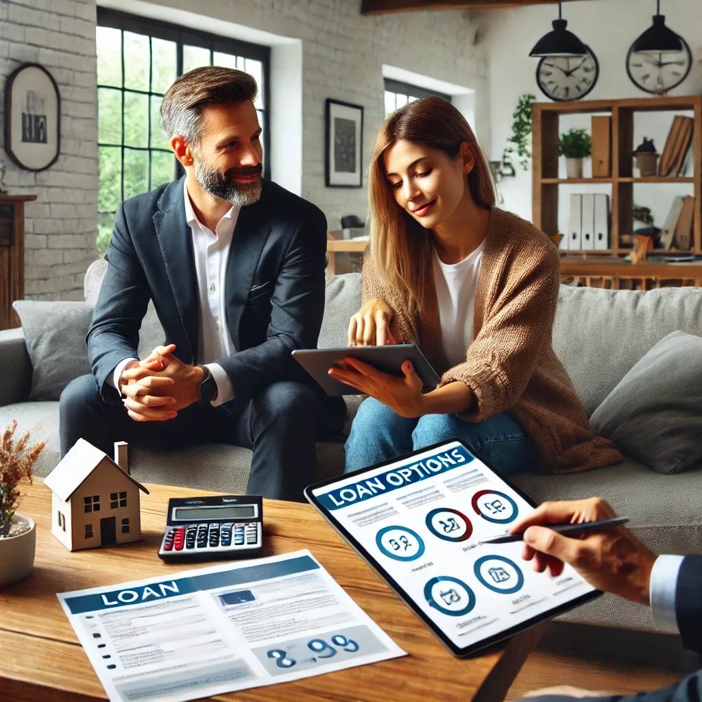 A couple discussing financial goals while reviewing loan options on a tablet, surrounded by a coffee table and papers in a cozy home setting.