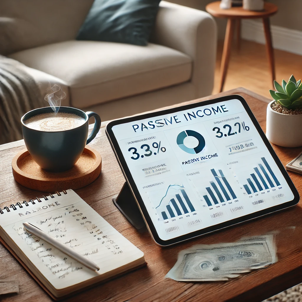 Tablet with a financial dashboard in a cozy living room, next to coffee and a notepad.