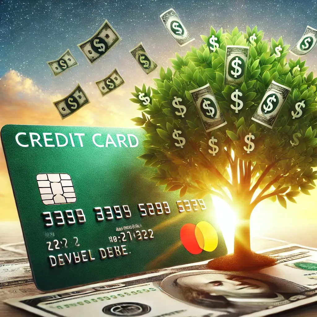  A conceptual image of a credit card transforming into a tree with dollar bill-shaped leaves, symbolizing financial growth and smart credit management