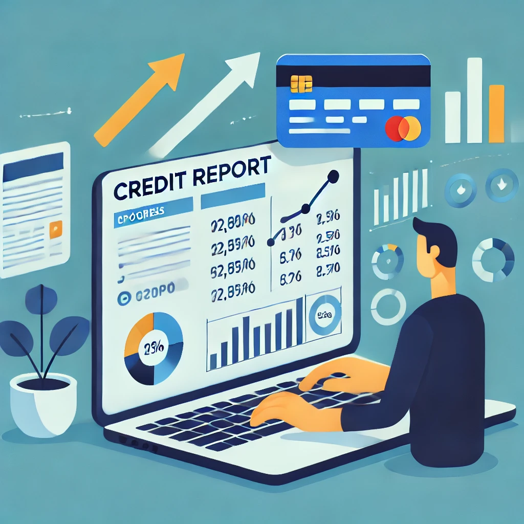Person analyzing a credit report on a laptop with symbols of progress like graphs and arrows.