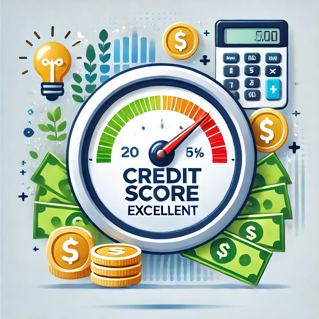 "Credit score gauge pointing to 'Excellent' with financial icons like coins, dollar bills, and a calculator