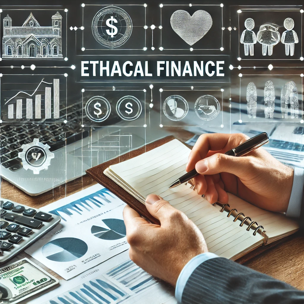 Professional setting with person holding a notepad, surrounded by financial planning tools, focusing on ethical finance strategies.