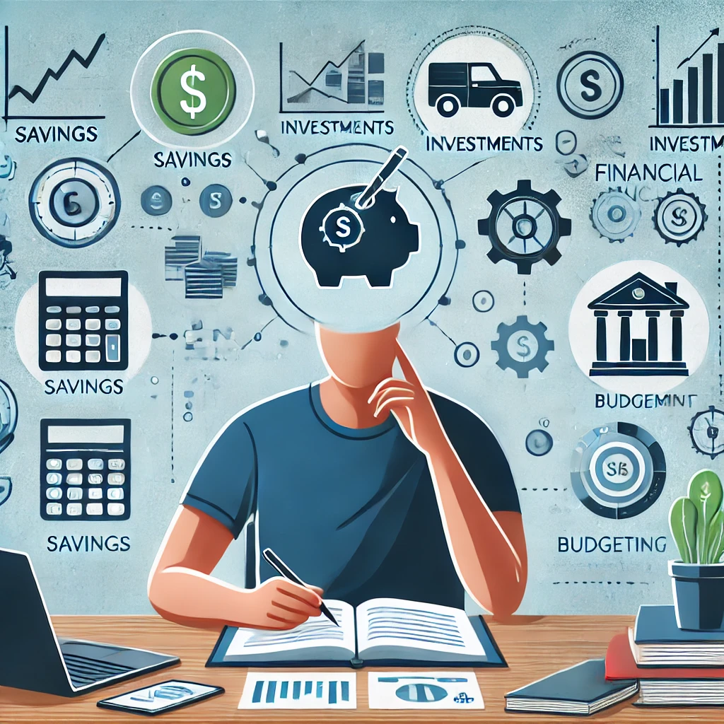 Person at a desk with financial education materials like books and charts.