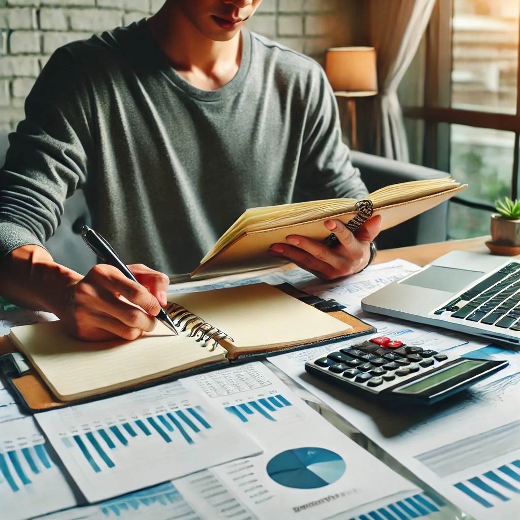 Person organizing personal finances at a desk with a laptop, calculator, and notebook, focusing on budgeting and expense management.