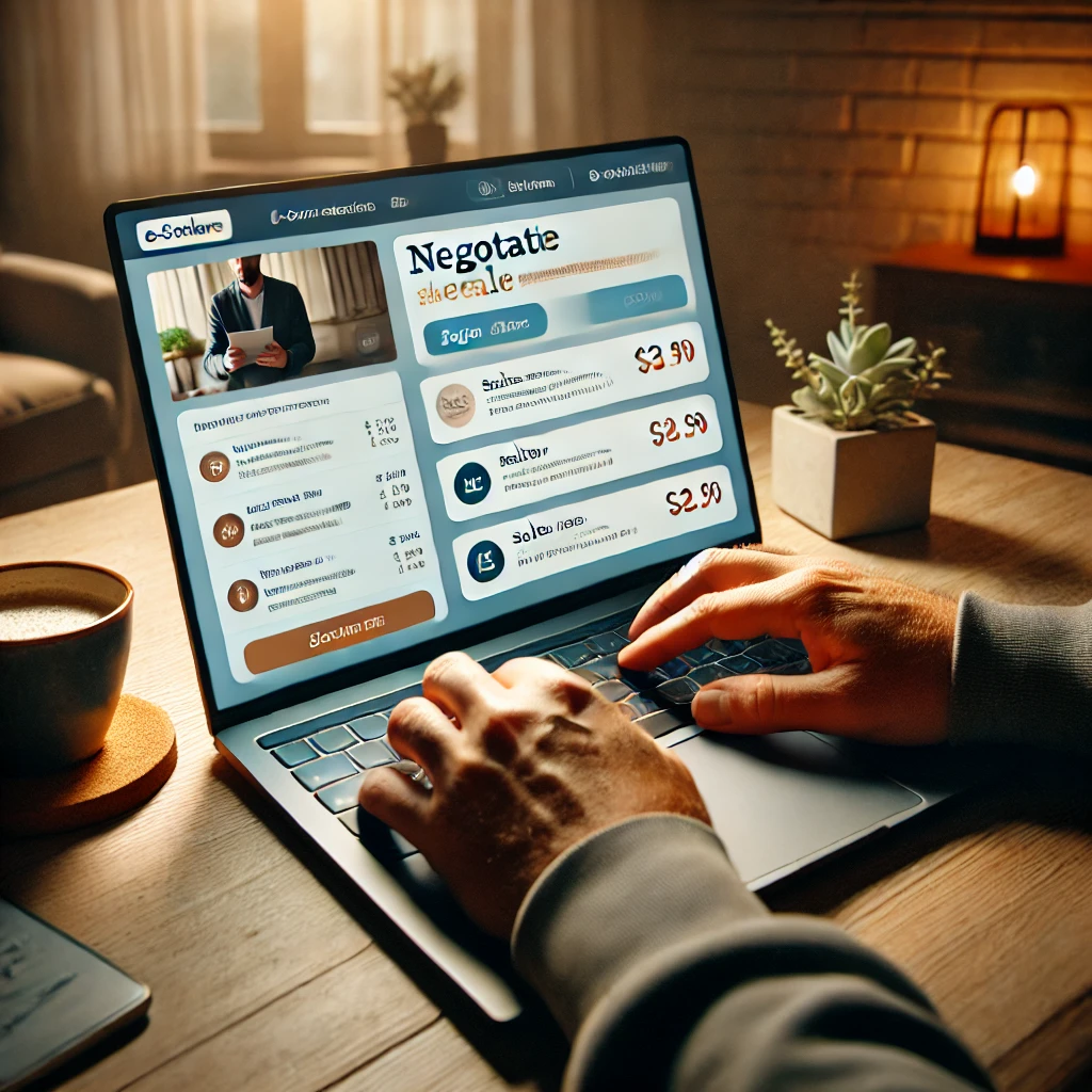 A person negotiating a deal on an e-commerce website using a laptop at home