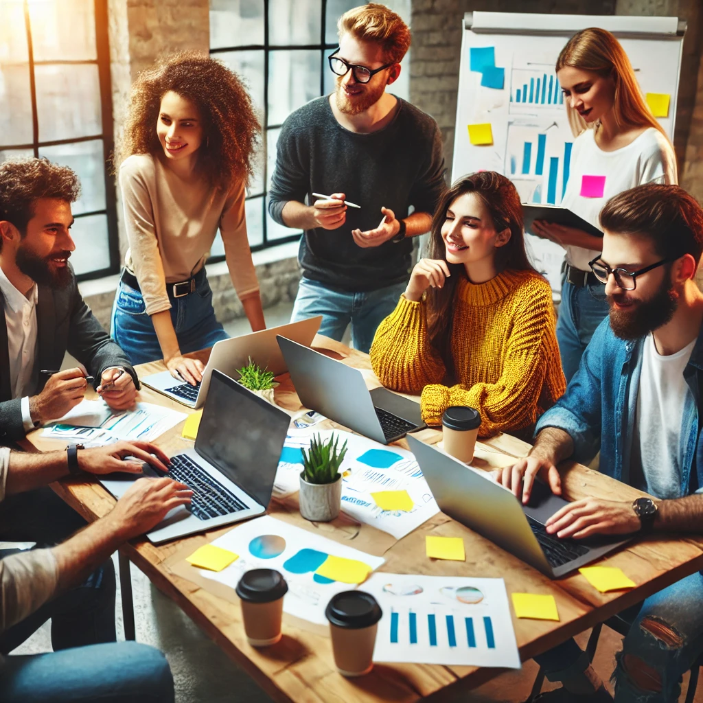 A group of diverse entrepreneurs brainstorming in a casual workspace, showcasing collaborative business planning.