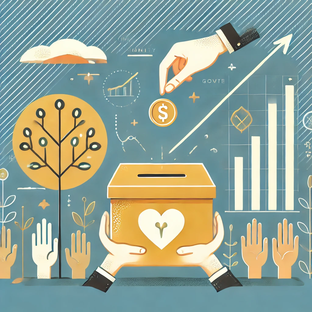 Person donating money into a charity box, surrounded by symbols of community, including a tree, heart, and graph.