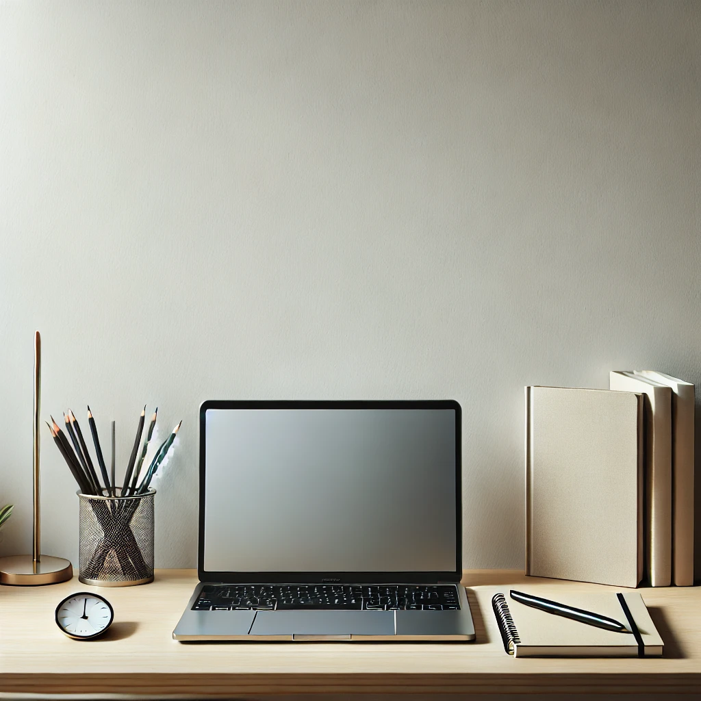 Minimalist workspace with a laptop, notebook, and pen, emphasizing simplicity and focus.