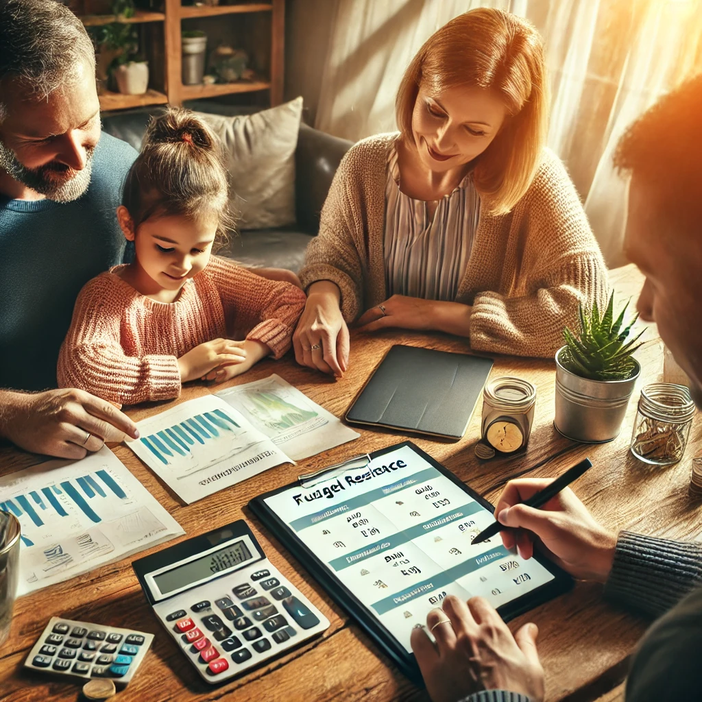 A family discussing finances at a table with a budget planner and tablet, symbolizing teamwork and resilience.