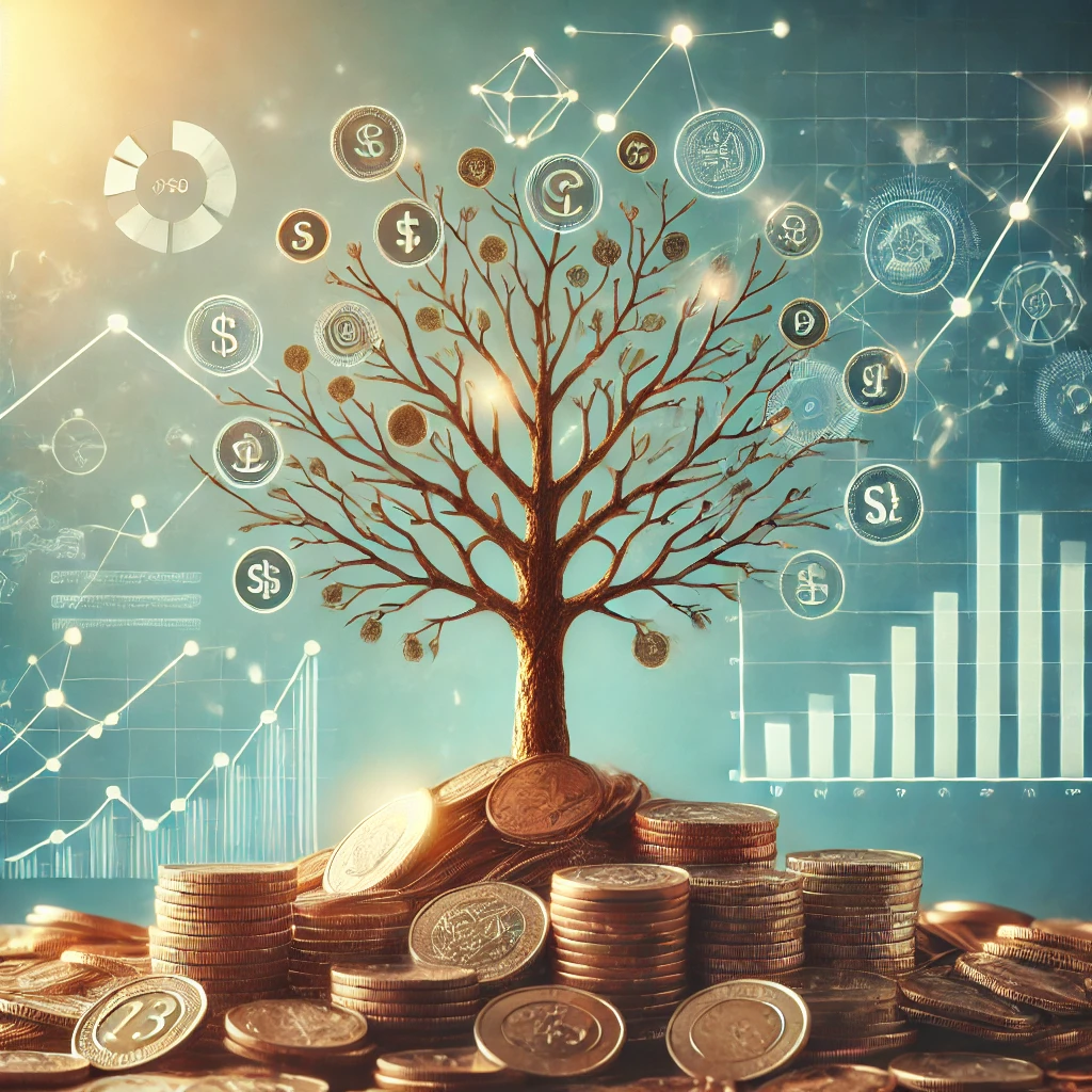 A tree growing from coins with branches representing financial growth, symbolizing wealth-building and optimism