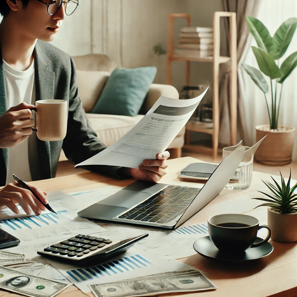 A person reviewing financial documents with a laptop and coffee, symbolizing financial resilience at home.