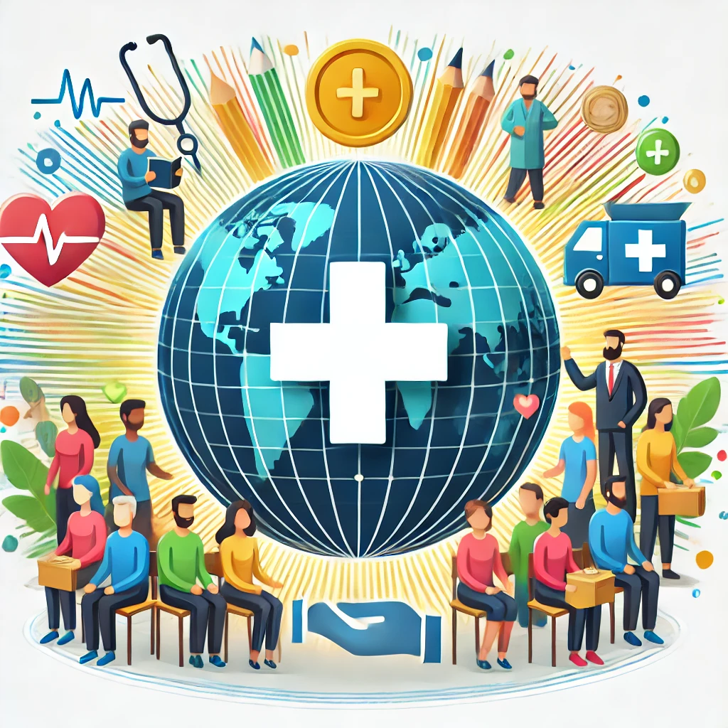 Diverse group of people collaborating around a globe with icons like coins, books, and a medical cross symbolizing global charity