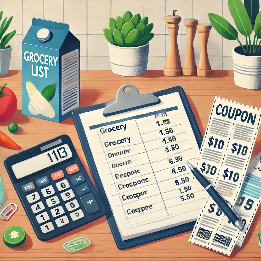 "Flat design of a grocery list, calculator, and coupons on a kitchen table, symbolizing budget planning for grocery shopping.