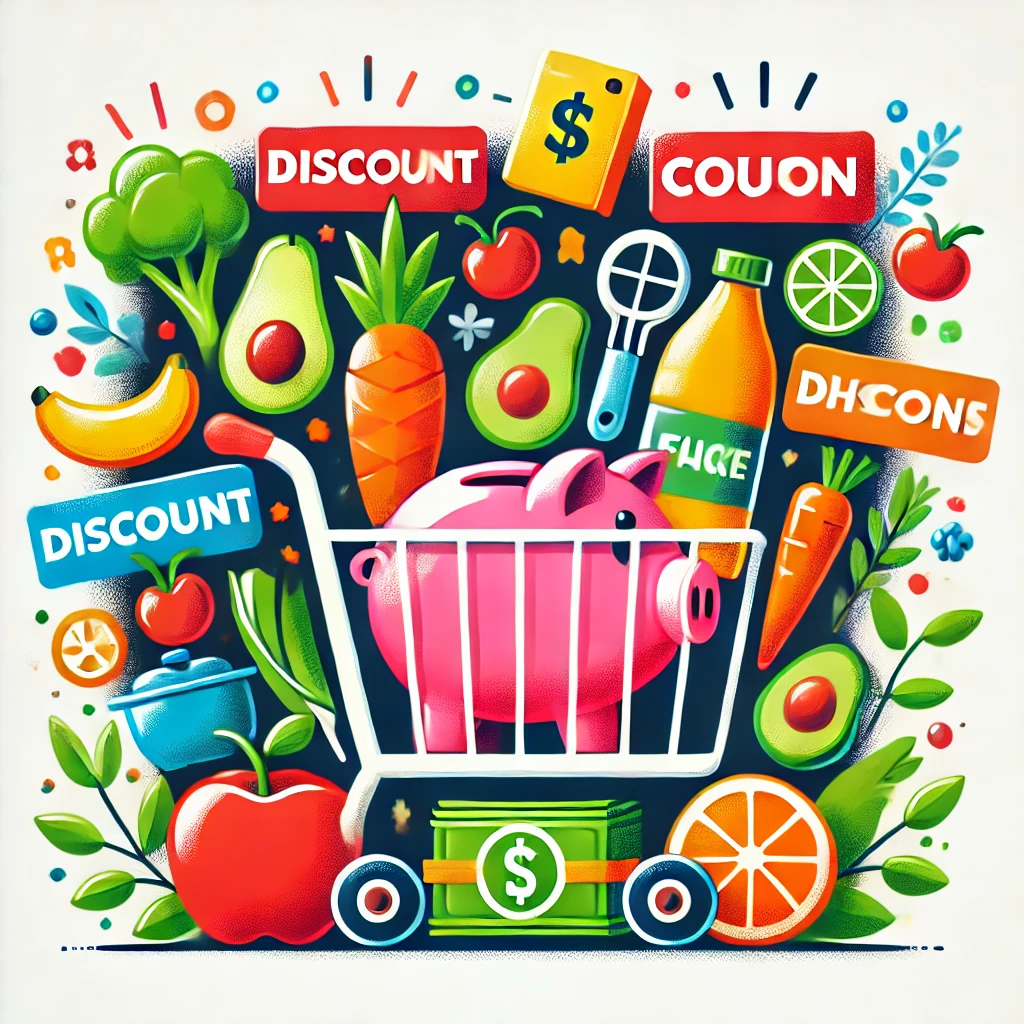 Grocery shopping cart filled with fresh produce, pantry staples, and discount tags, symbolizing budget-friendly shopping