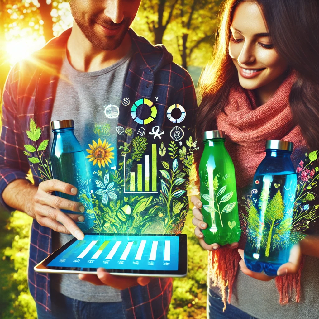 A couple walking in a park with water bottles, discussing financial plans on a tablet.