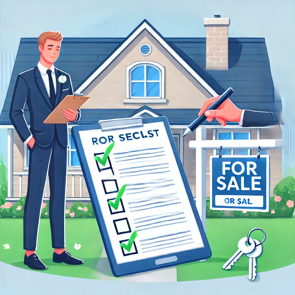 A homebuyer reviewing a checklist with a real estate agent in front of a house, featuring a clipboard, keys, and a "For Sale" sign