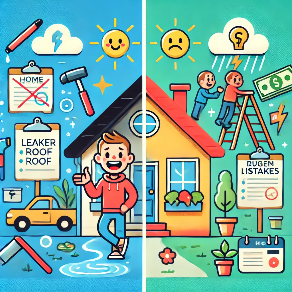 Split-view of a happy homebuyer moving in and common mistakes like a leaking roof and budget issues. 