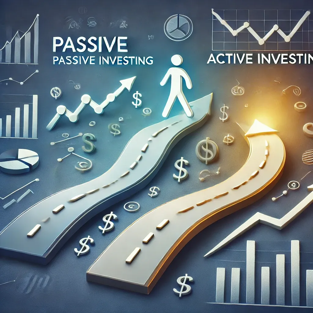 Two pathways: a smooth upward path for passive investing and a dynamic path with ups and downs for active investing, with financial icons