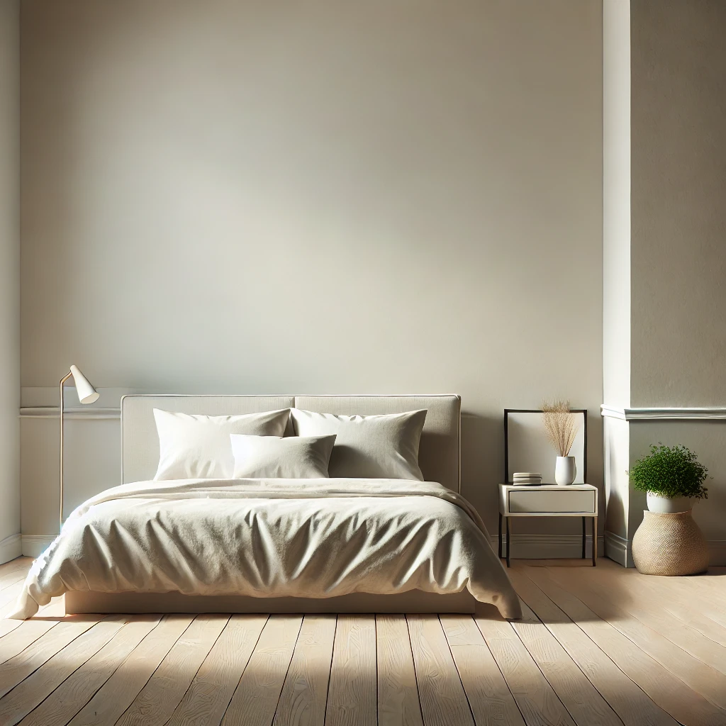 A minimalist bedroom with a simple bed, neutral tones, and natural light, reflecting a clutter-free lifestyle.