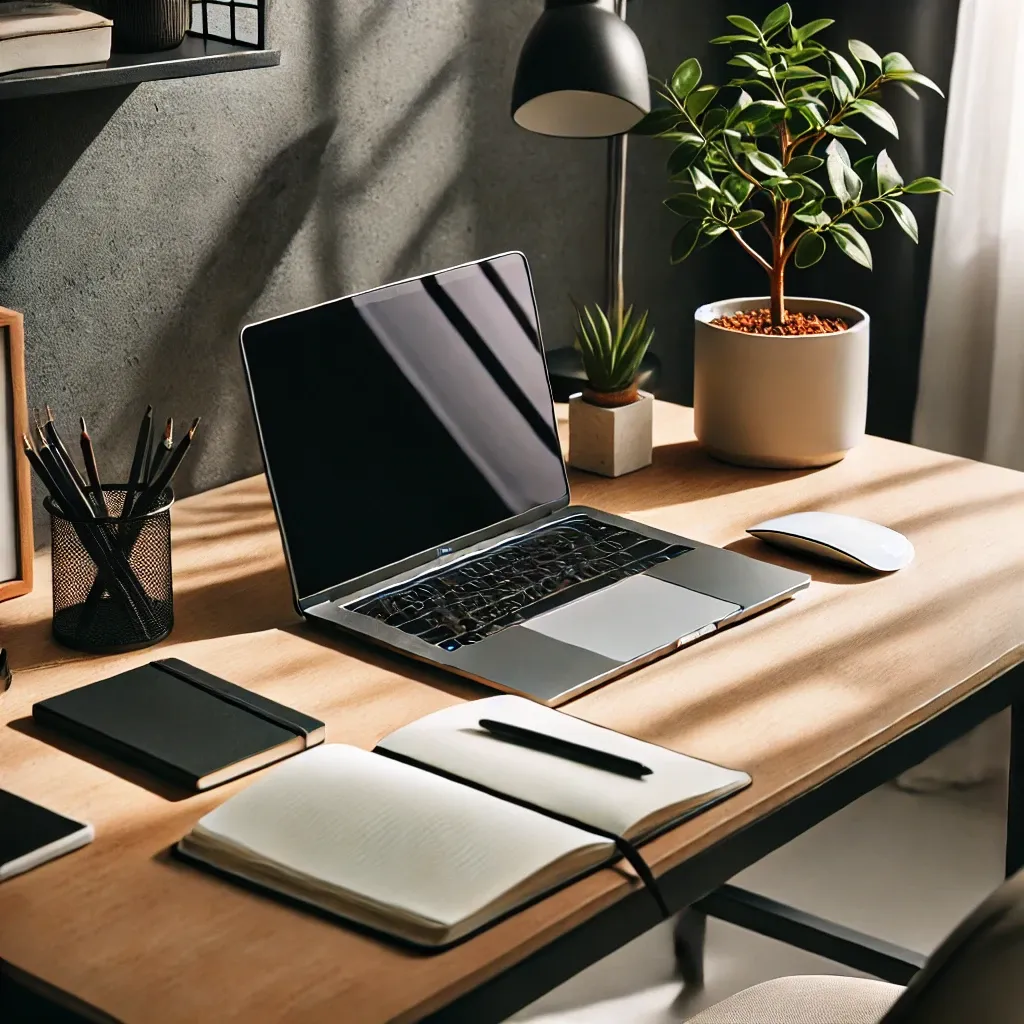 A tidy workspace with a desk, laptop, notebook, and plant, reflecting minimalism and focus