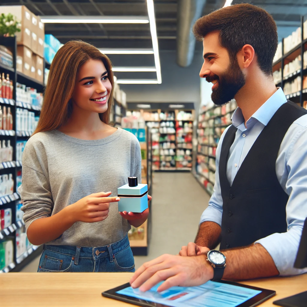  A shopper negotiating with a store clerk over a product price in a retail setting