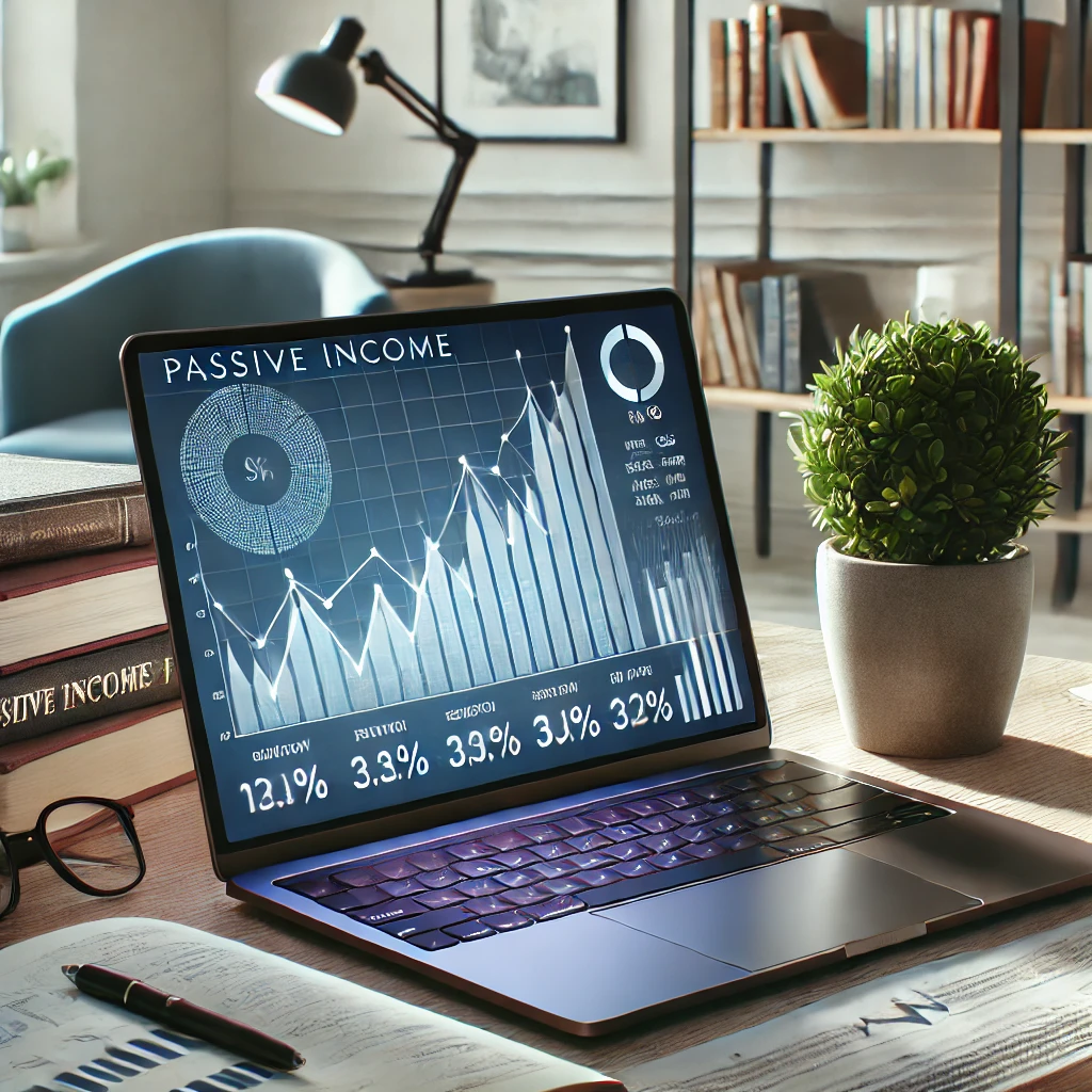 Laptop showing financial graphs in a modern home office, with investing books and a plant.