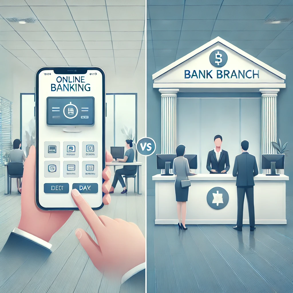  A split-screen comparison of online banking on a smartphone and traditional banking at a teller desk