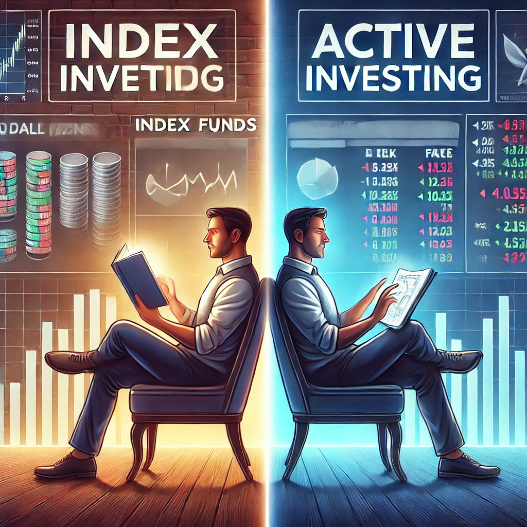 Split screen of a calm investor reading about index funds and another analyzing stock charts, showing passive vs. active investing. 