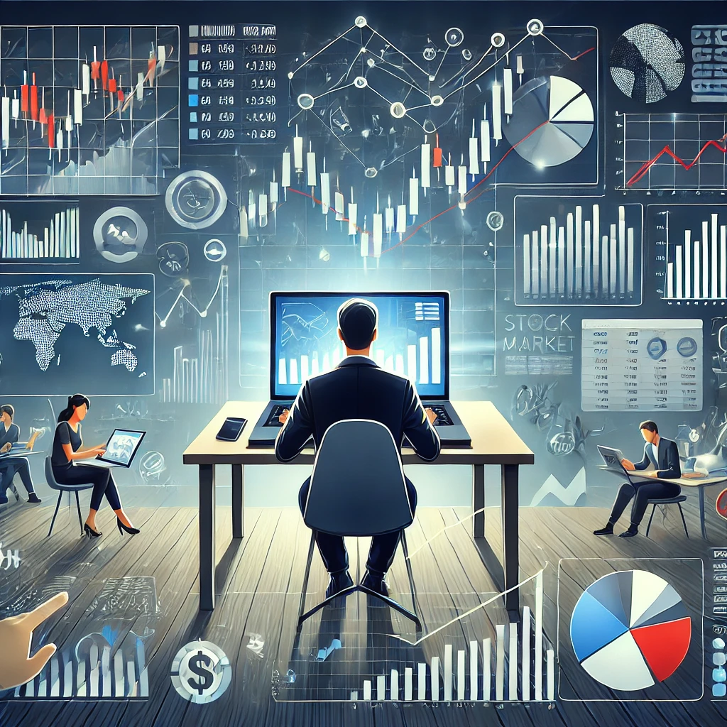 Illustration of a stock market analyst reviewing financial charts and data on a laptop, with graphs and stock tickers in the background