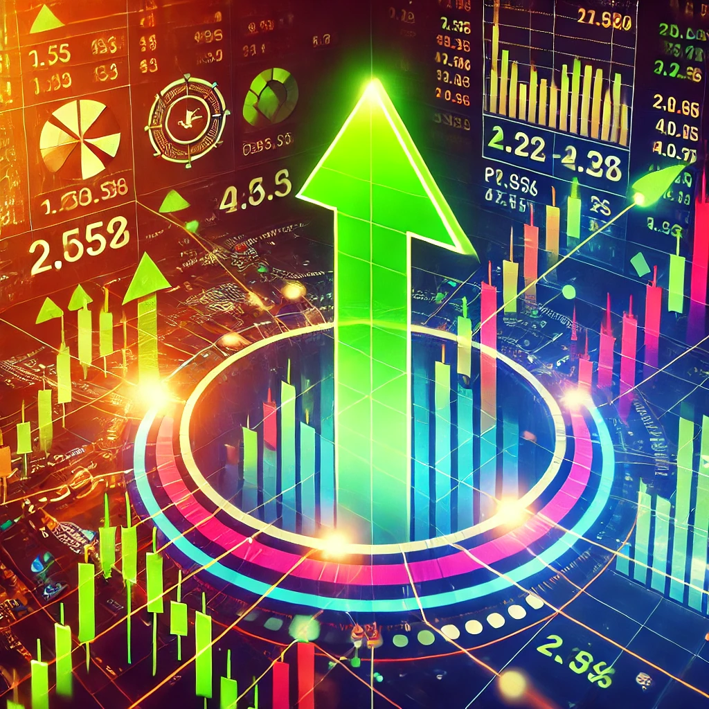 Image of a stock market screen with highlighted rising stock prices, green upward arrows, and financial indicators like P/E ratios and dividends.