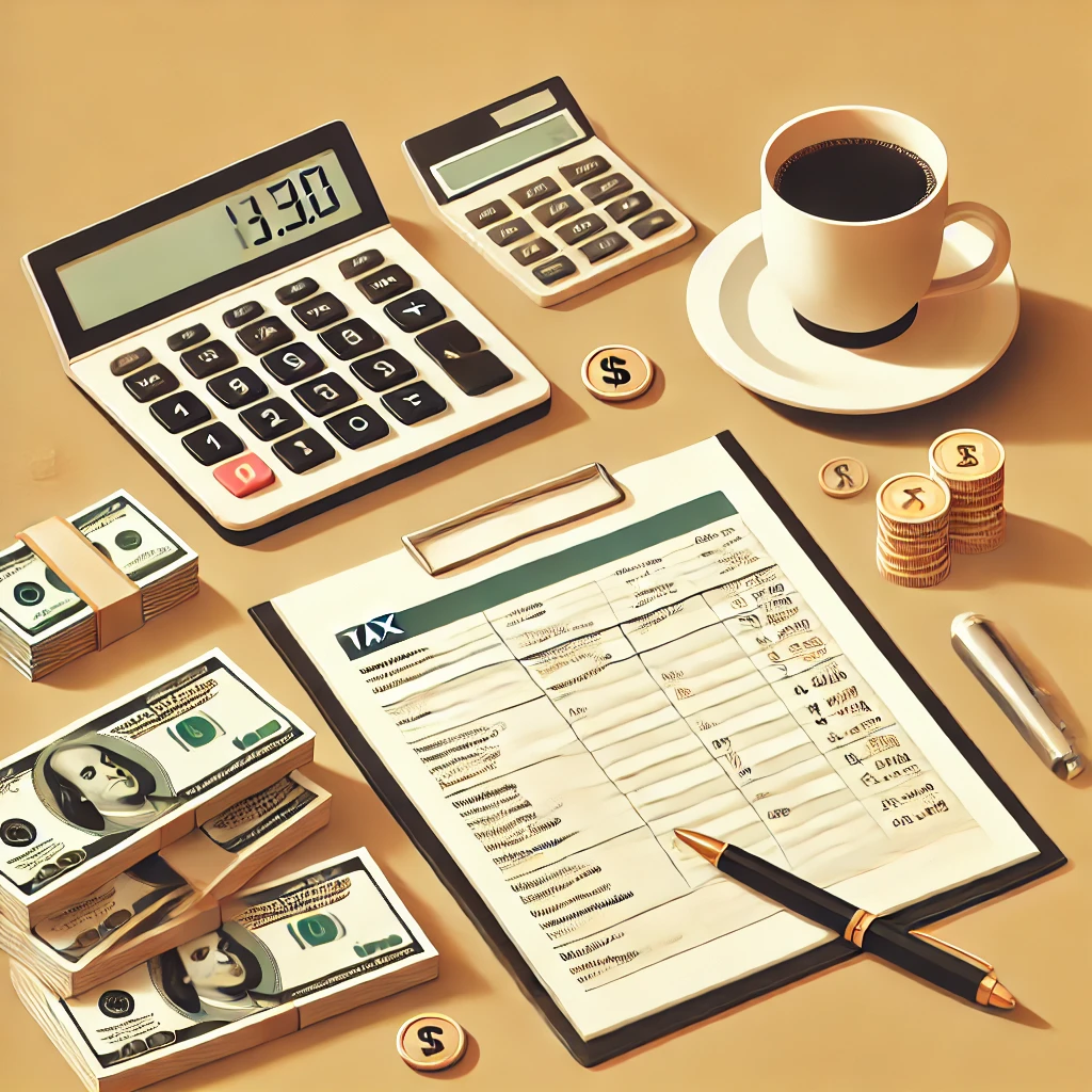 A calculator, money, and tax documents on a desk with a coffee cup and pen