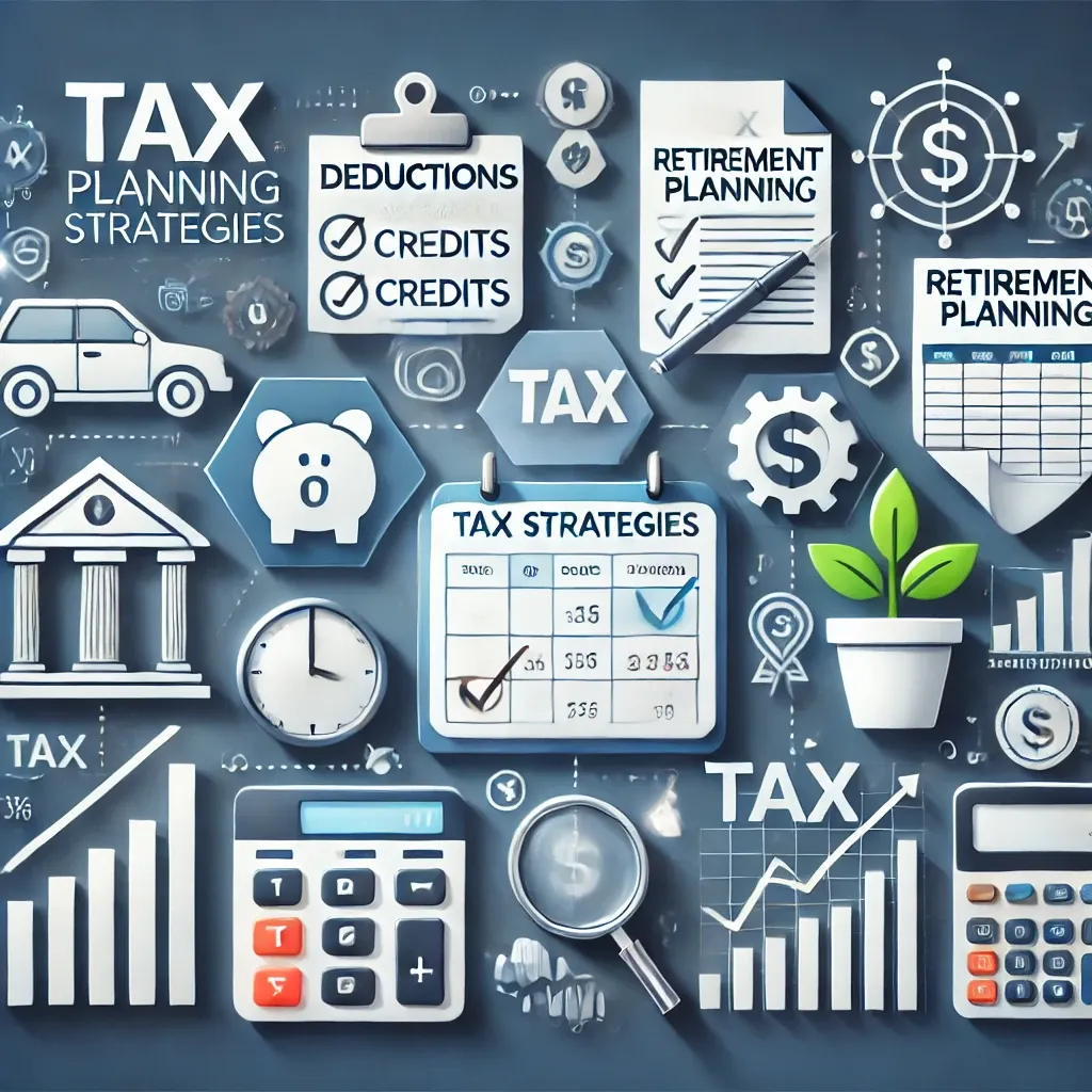 Graphic of tax planning with icons for deductions, credits, retirement, and investment tax strategies.