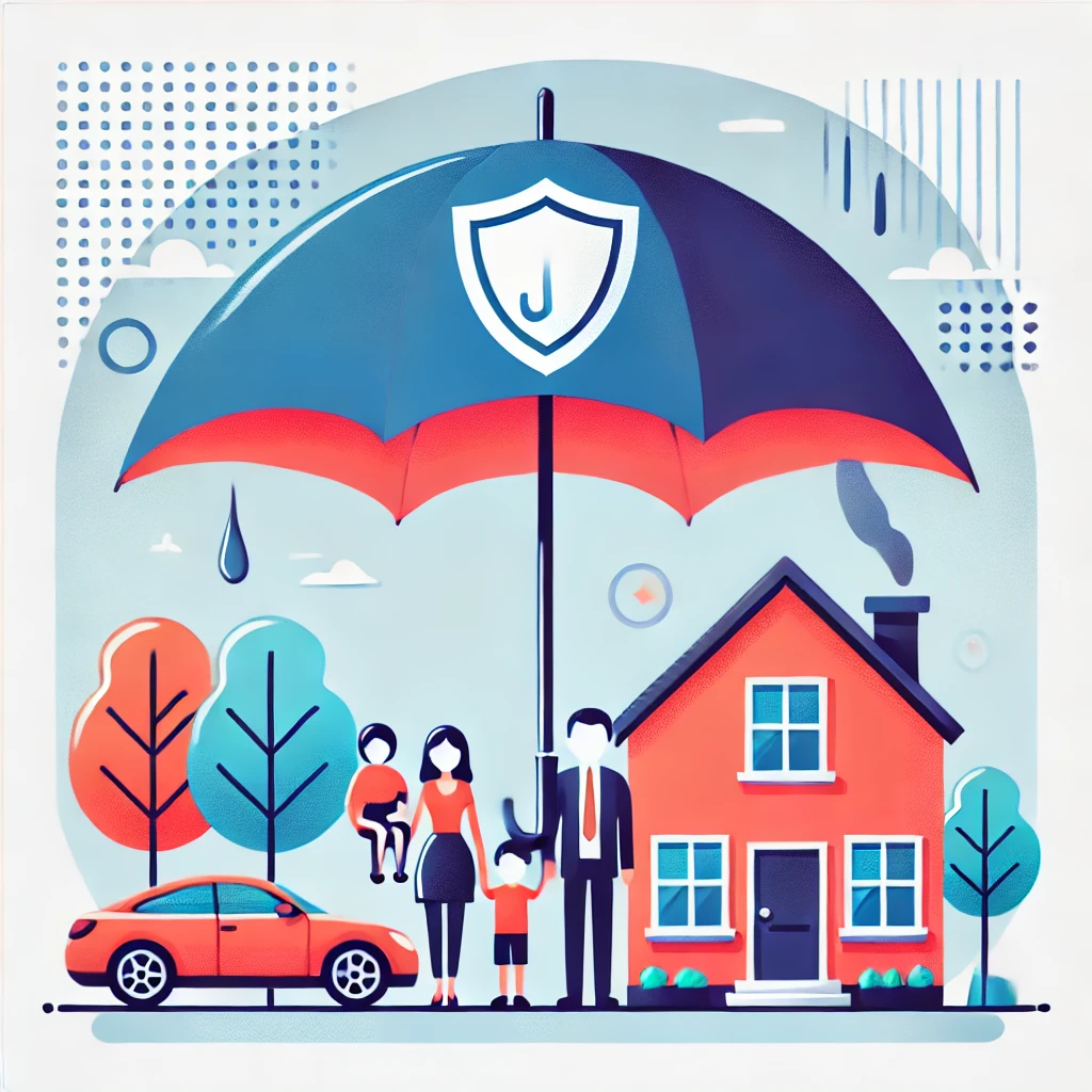 A large umbrella covering a house, car, and family, symbolizing comprehensive insurance protection